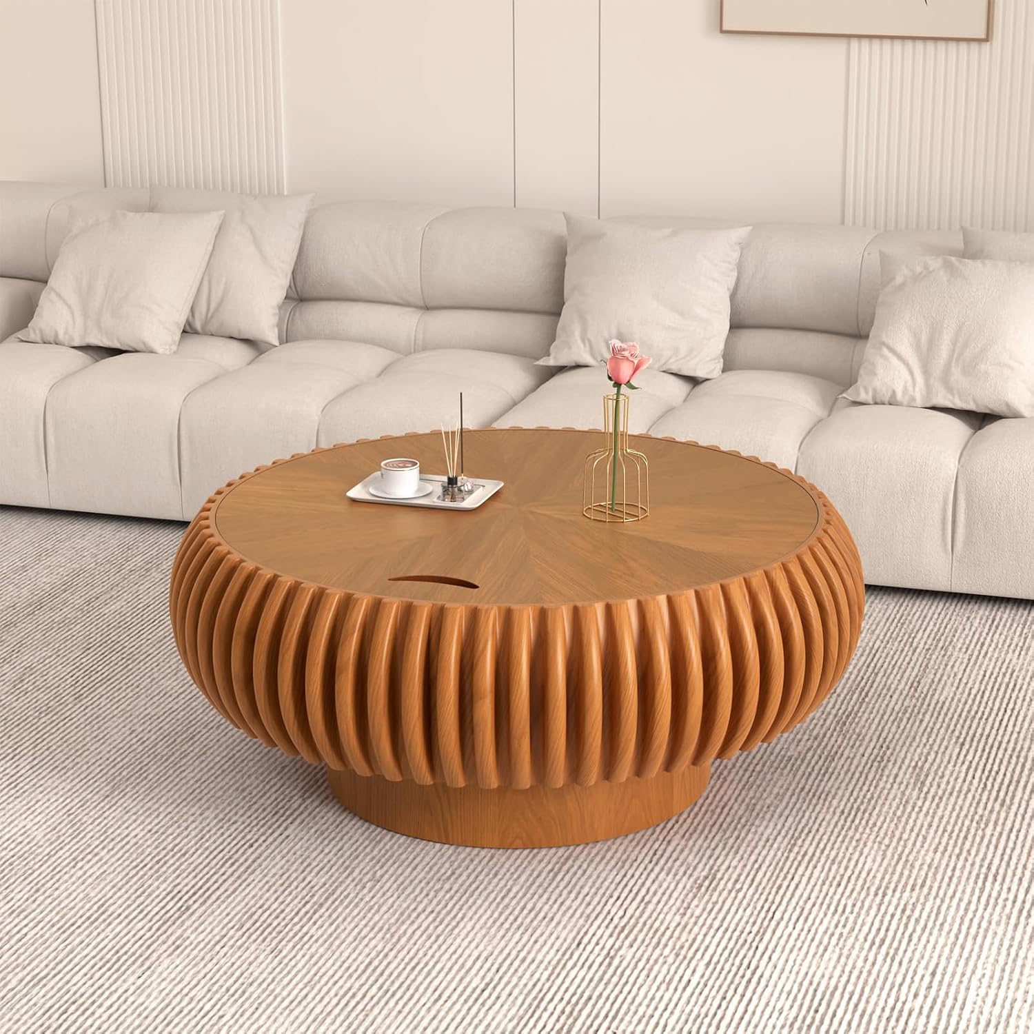Fluted Round Coffee Table with Storage, 31.5' Modern Drum Wood Coffee Tables with Sturdy Base, Unique Circle Center Tea Table for Living Room Apartment Small Spaces (31.49' Brown with Storage)