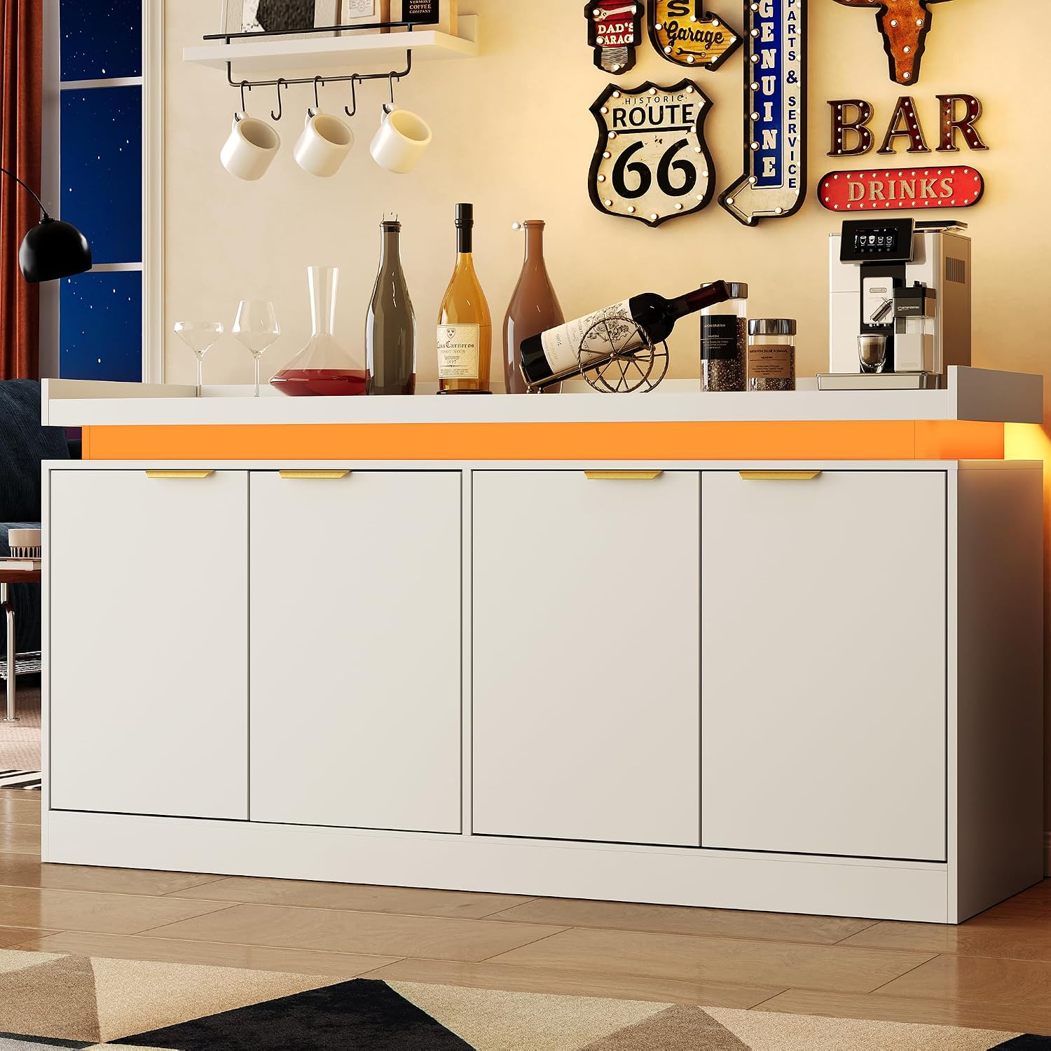 knoworld LED Sideboard Buffet Cabinet with Storage, 63'' Large Kitchen Cabinet Storage Cabinets with 4 Doors, Wood Coffee Bar Cabinets Buffet Table for Kitchen, Dining Room, Living Room (White)