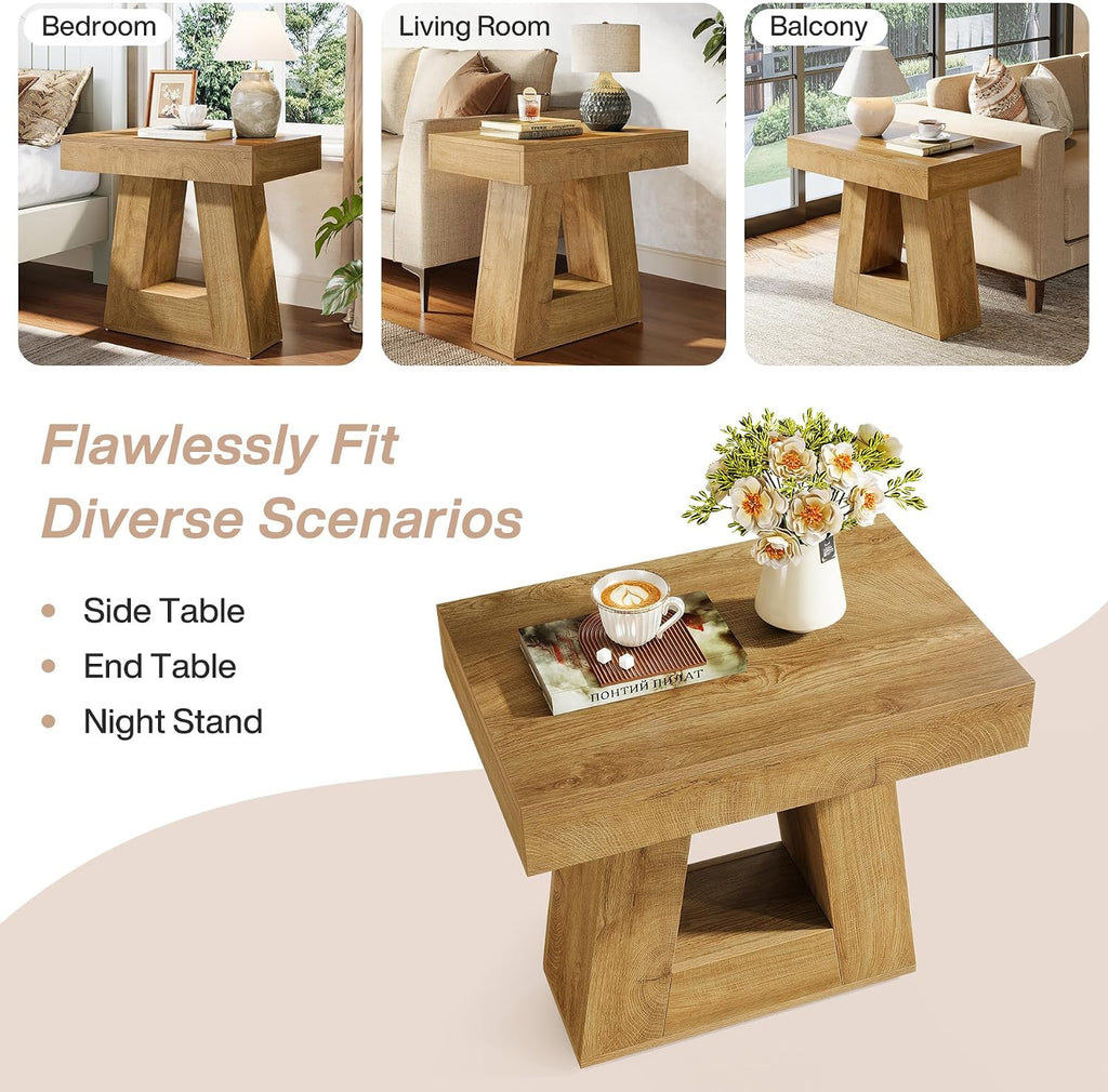 Tribesigns 24' Modern Side Table Set of 2, 2-Tier Narrow Wooden End Table with Trapezoid Base, Farmhouse Small Nightstand for Living Room, Bedroom (Natural Wood Color)