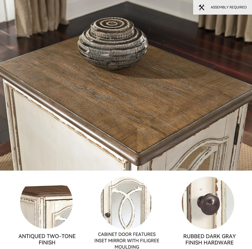 Signature Design by Ashley Realyn Farmhouse Chair Side End Table with Cabinet For Storage, Antique White & Brown