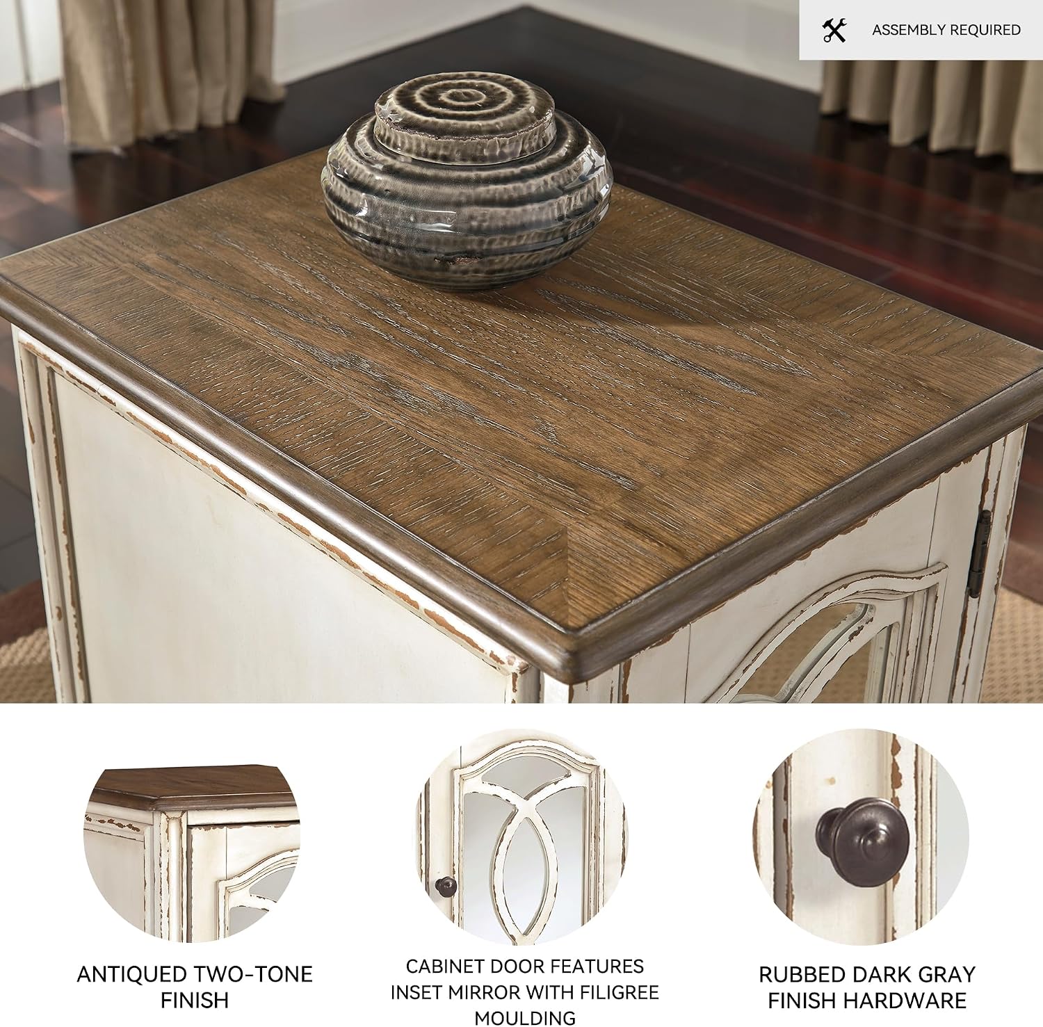 Signature Design by Ashley Realyn Farmhouse Chair Side End Table with Cabinet For Storage, Antique White & Brown