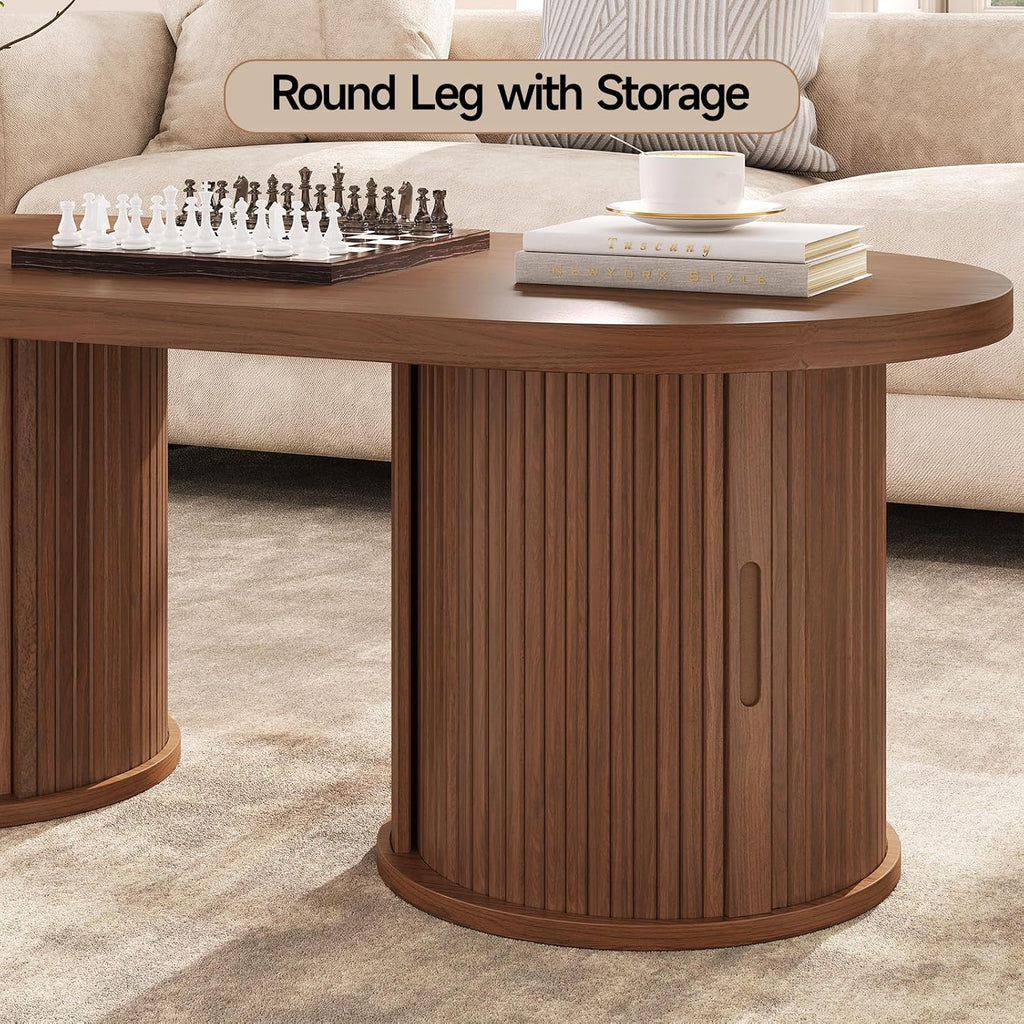 ONBRILL 47' Fluted Coffee Table, Oval Coffee Table with 2 Storage Legs, Mid-Century Modern Center Tables with Sliding Doors, Coffee Tables for Living Room, Walnut