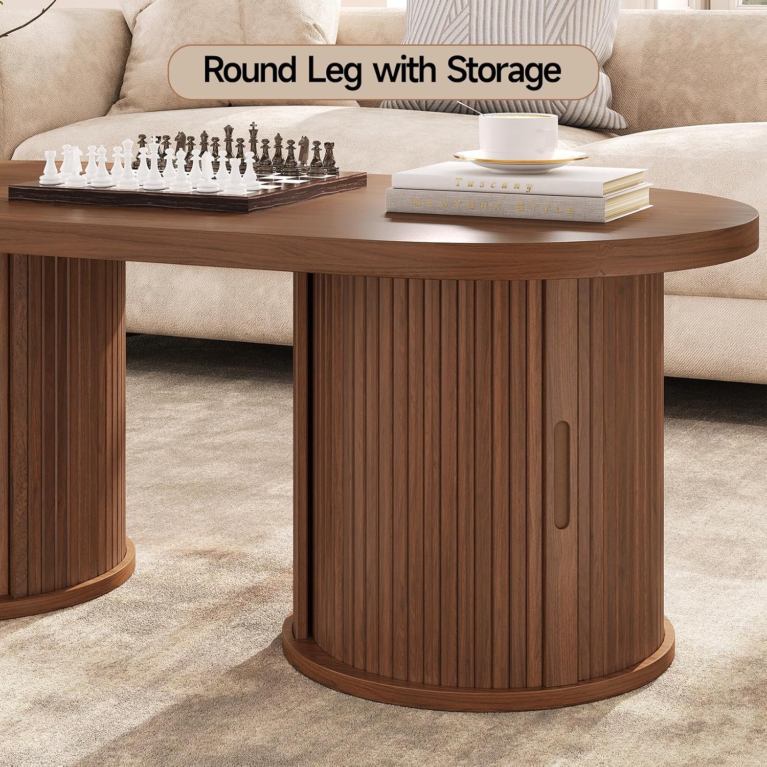 ONBRILL 47' Fluted Coffee Table, Oval Coffee Table with 2 Storage Legs, Mid-Century Modern Center Tables with Sliding Doors, Coffee Tables for Living Room, Walnut