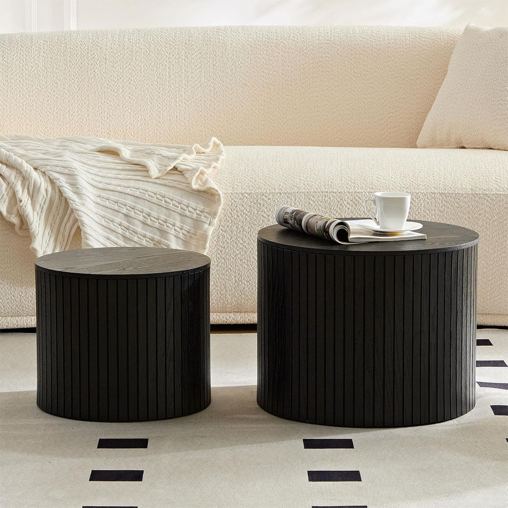 Nesting Coffee Table Set of 2,Modern Round Wooden Coffee Tables with Storage,Luxury Fluted Side Table Accent End Table for Small Space Living Room Apartment (19.17')