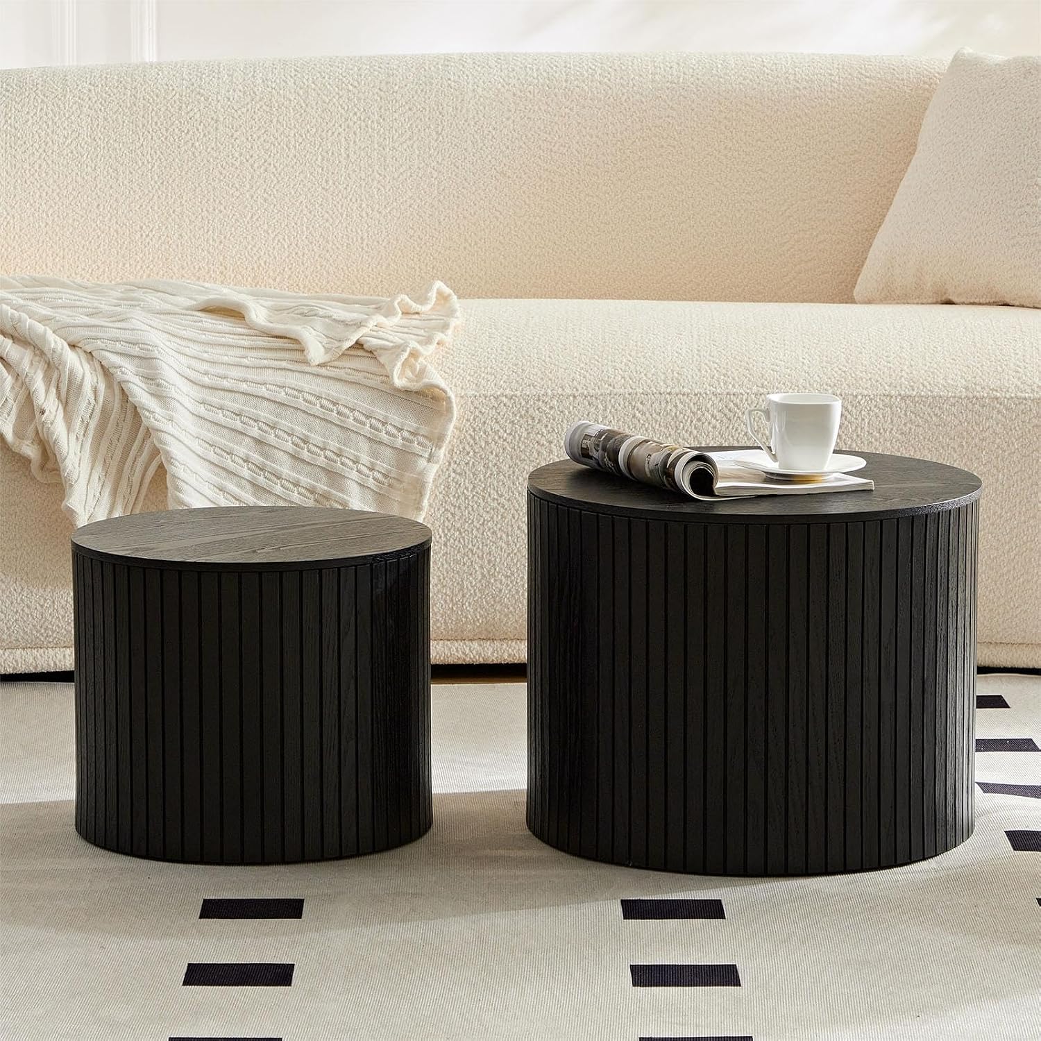 Nesting Coffee Table Set of 2,Modern Round Wooden Coffee Tables with Storage,Luxury Fluted Side Table Accent End Table for Small Space Living Room Apartment (19.17')