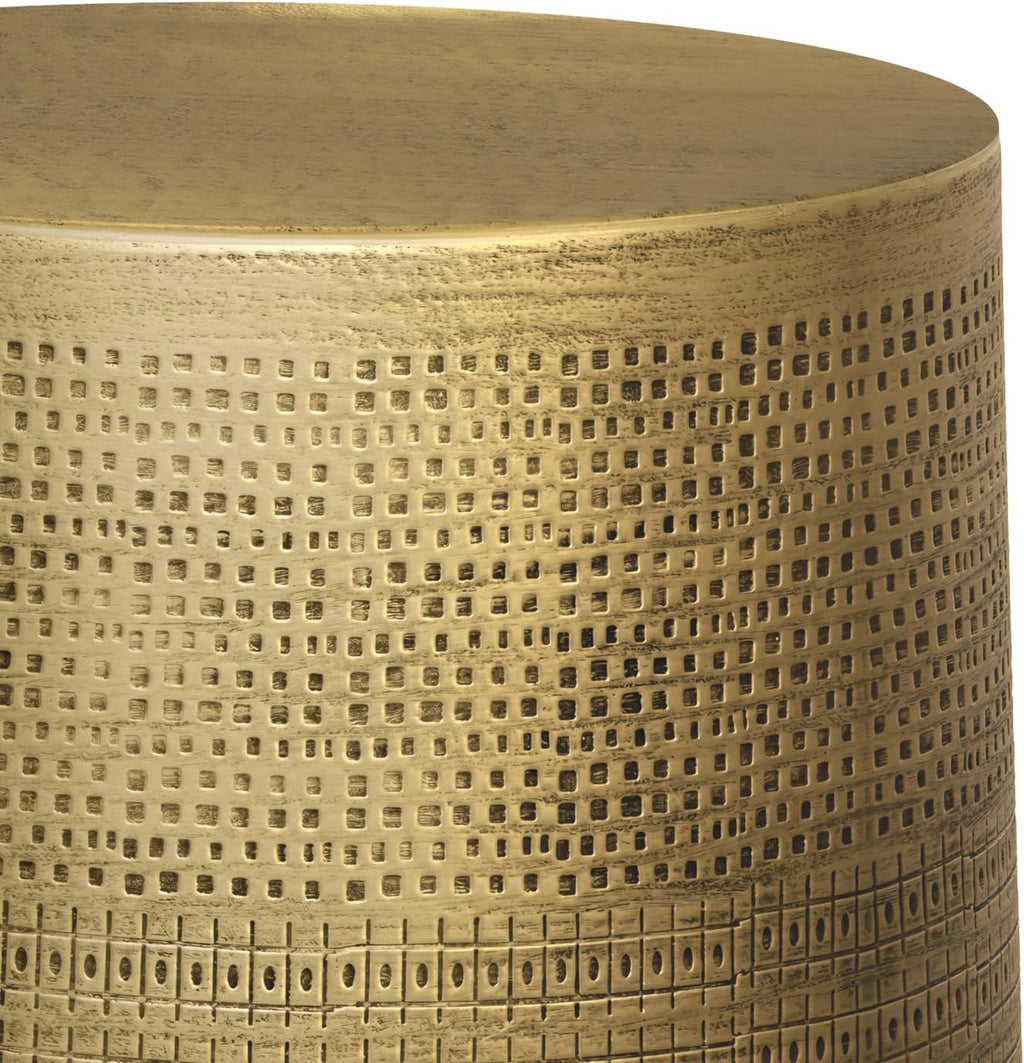 SIMPLIHOME Johnsen Metal Table - 15 inch Wide Solid Iron Round Accent Table in Antique Brass, Boho Side or End Table for Living Room, Bedroom, or Office with Etched Morse Pattern, Assembled