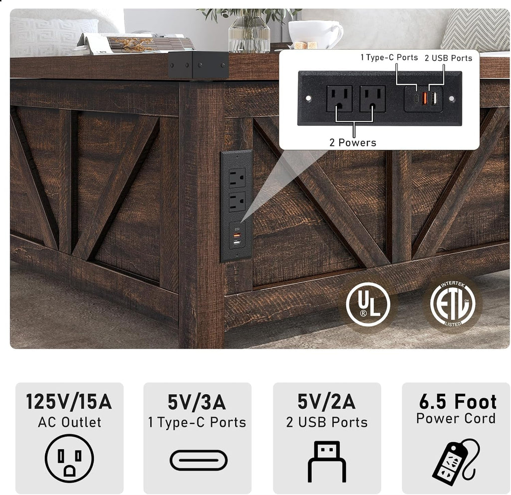 jimeimen Farmhouse Lift Top Coffee Table with Storage, Wood Square Center Table with Charging Station&USB Port, Living Room Table w/Large Hidden Space, for Living Room, Bedroom, Home Office, Brown