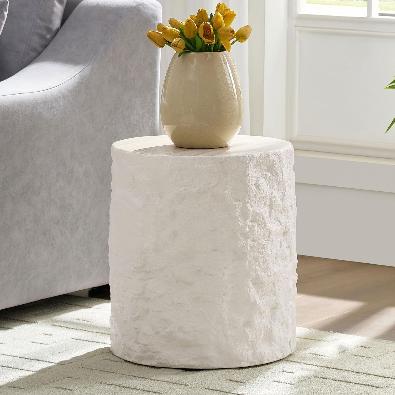 Round Side Table Small Coffee Table for Living Room Circle End Table for Bedroom Apartment, No Need Assembly (Fiberglass 15.75'' Cement Stone Pattern)