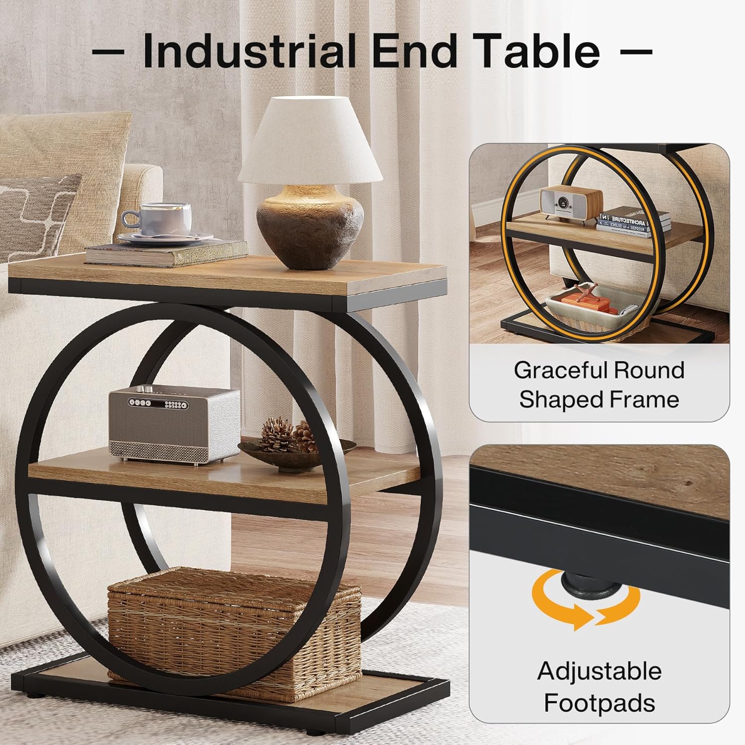 Tribesigns Side End Table with 3 Storage Shelves Set of 2, Industrial Sofa Table with Round Metal Frame for Living Room, Engineered Wood Nightstand for Bedroom, Oak