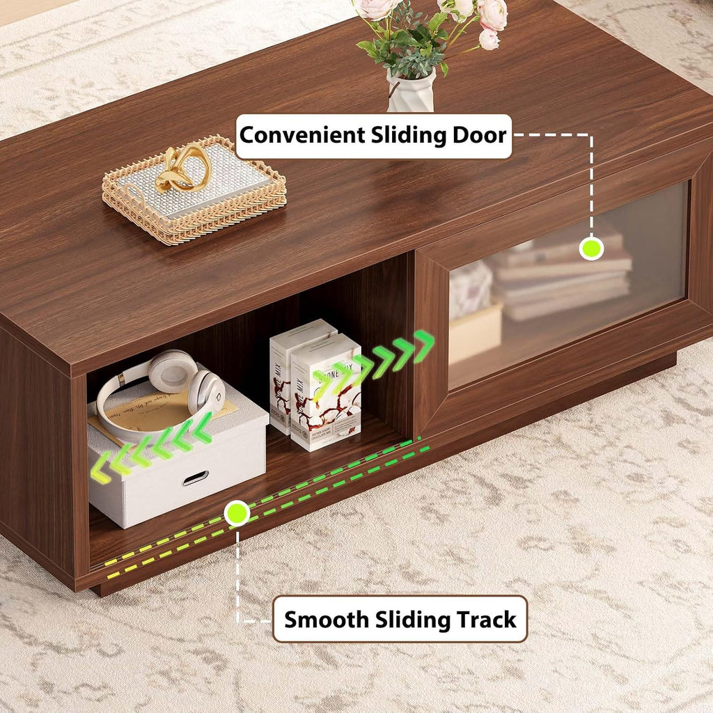HSH Walnut Coffee Table for Living Room, 47 Inch Modern Wood Rectangle Coffee Tables with Sliding Door and Storage Open Shelf, Large Low Center Table for Home Decor