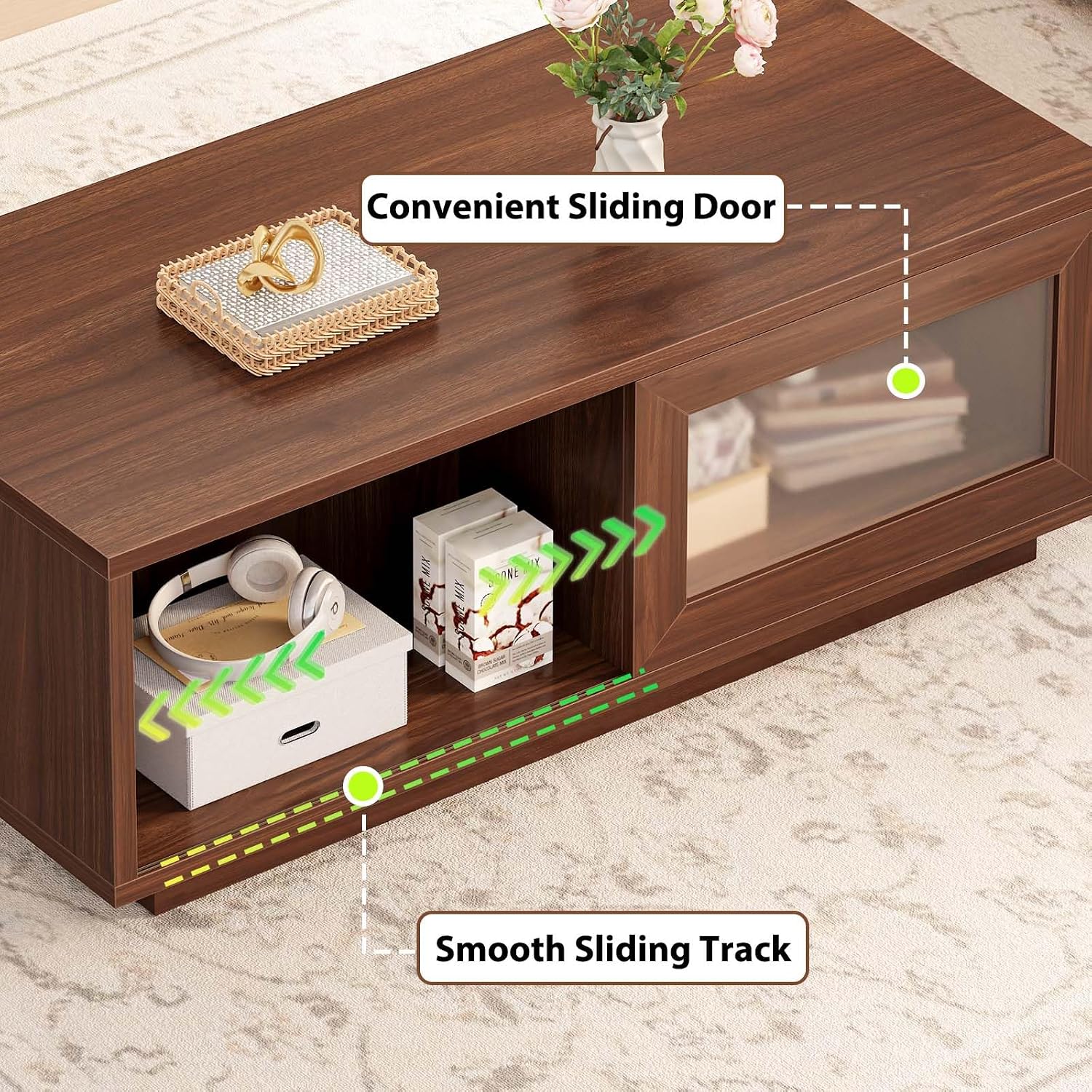 HSH Walnut Coffee Table for Living Room, 47 Inch Modern Wood Rectangle Coffee Tables with Sliding Door and Storage Open Shelf, Large Low Center Table for Home Decor