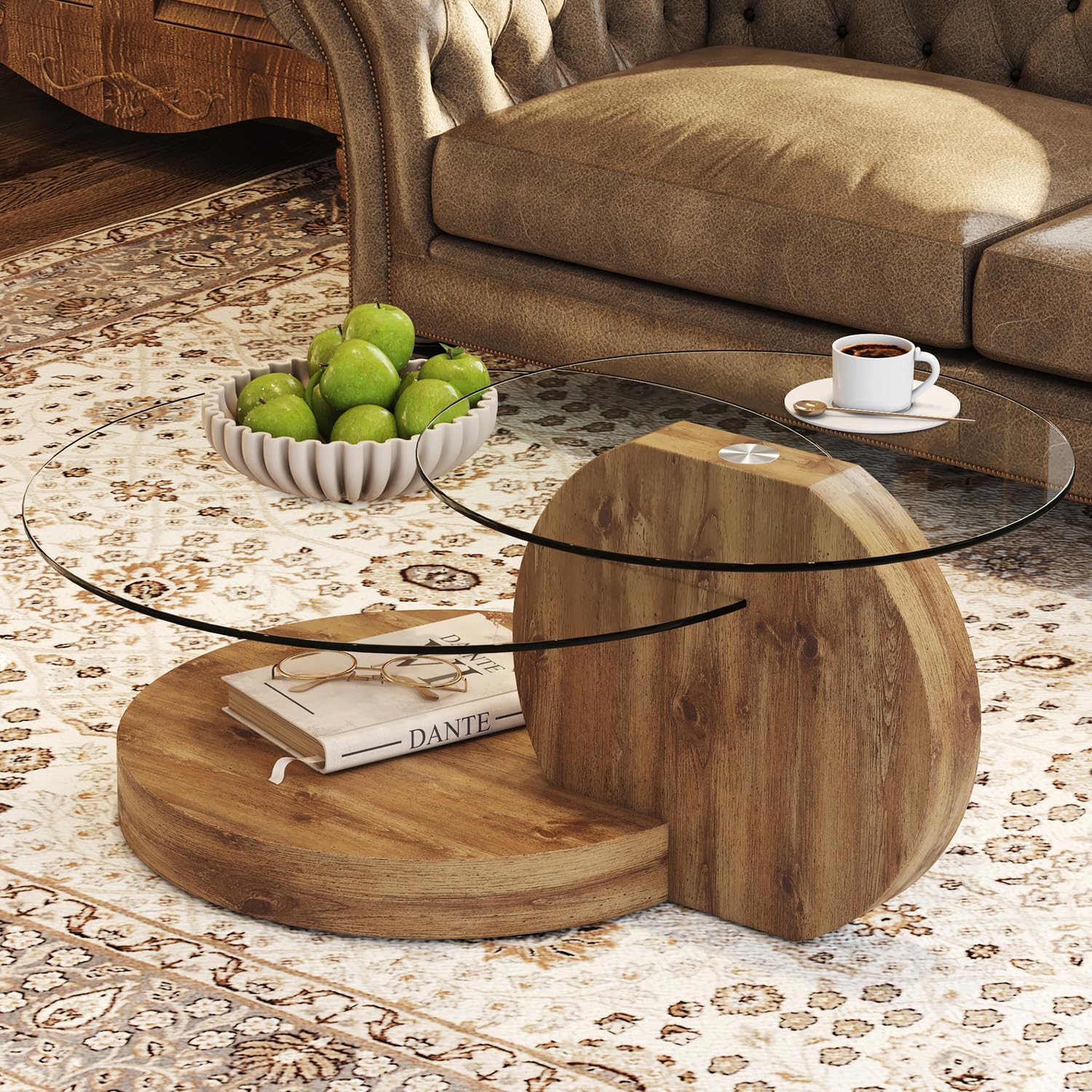 42 Inches Glass Coffee Table, Modern Round Tempered Glass Coffee Tables for Living Room, 3-Tier Circle Wood Coffee Table with Storage Clear Cocktail Table for Small Space Home Office (Wood)