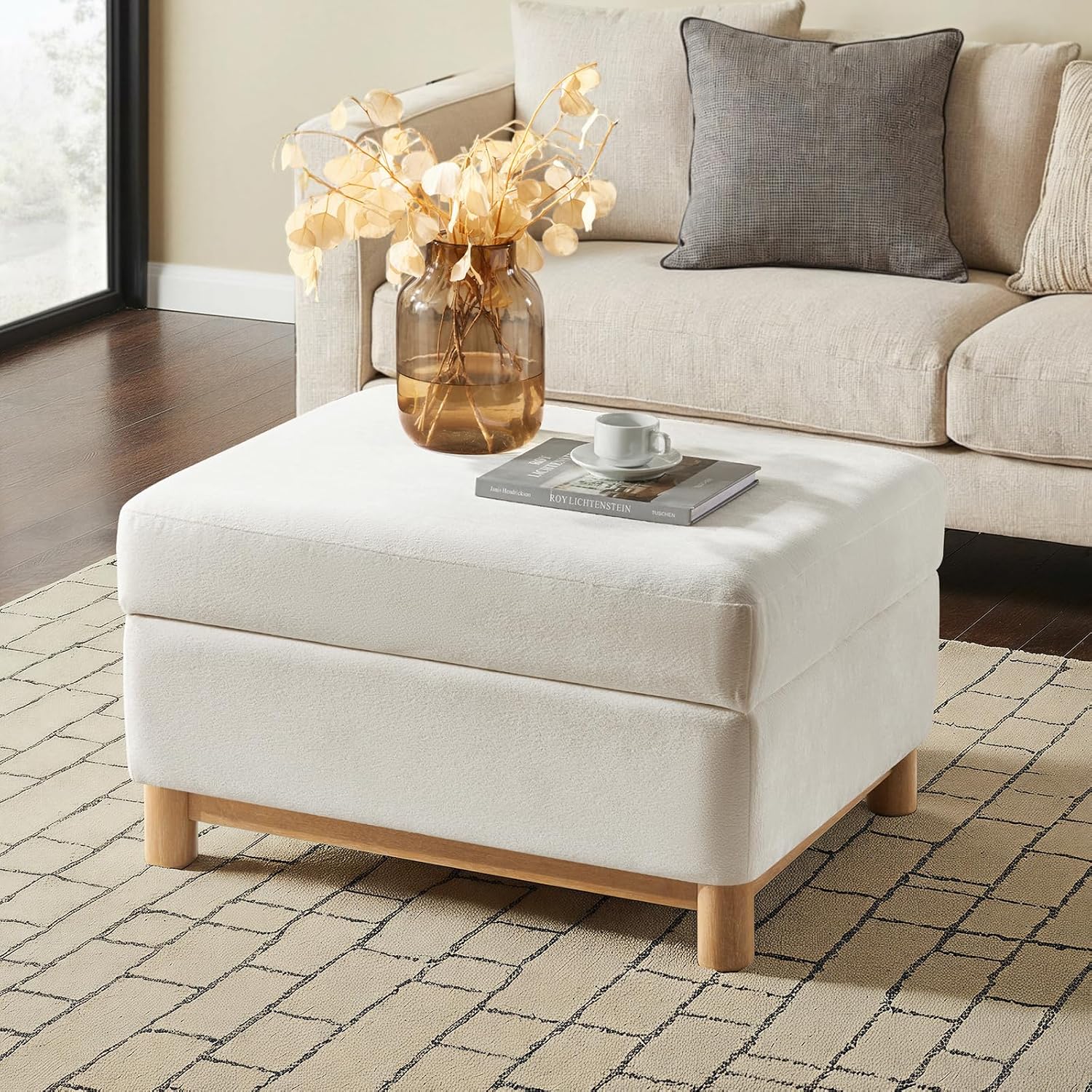 HULALA HOME 30.25' Ottoman Coffee Table with Reversible Tray Lid, Modern Upholstered Storage Ottoman with Solid Wood Base, Removable Top, Footrest and Extra Seating for Bedroom or Living Room, Ivory
