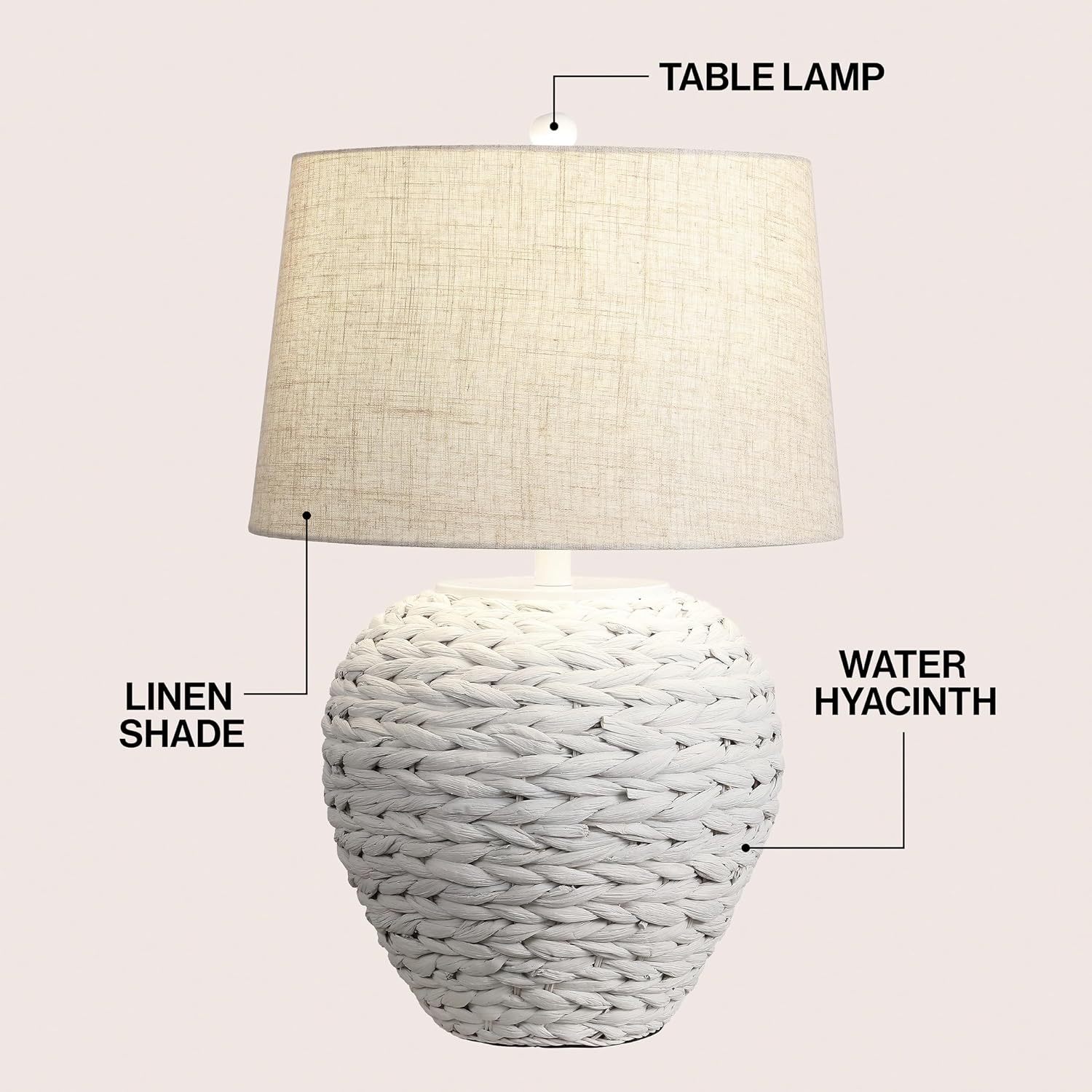 JONATHAN Y 24.5' White Water Hyacinth Farmhouse Basket Table Lamp, Coastal Decor for Living Room Bedroom Nightstand, Light Gray Linen Shade, LED Bulb Included (JYL6501C)
