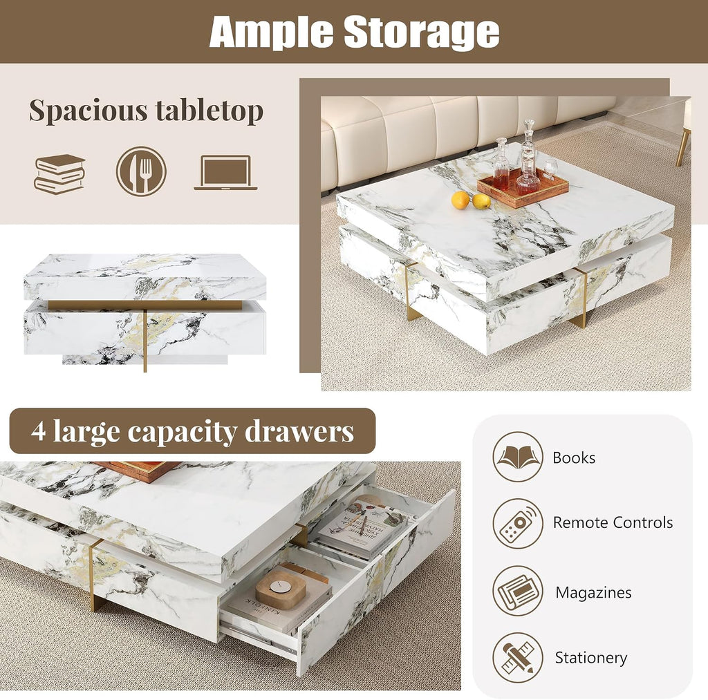 Merax 43.3 Inch Modern Large Square Coffee Table with Marble Textured Top, 4 Built-in Drawers Ample Storage and Floating Suspended Base, Modern Elegance White MDF Storage Center Table for Living Room