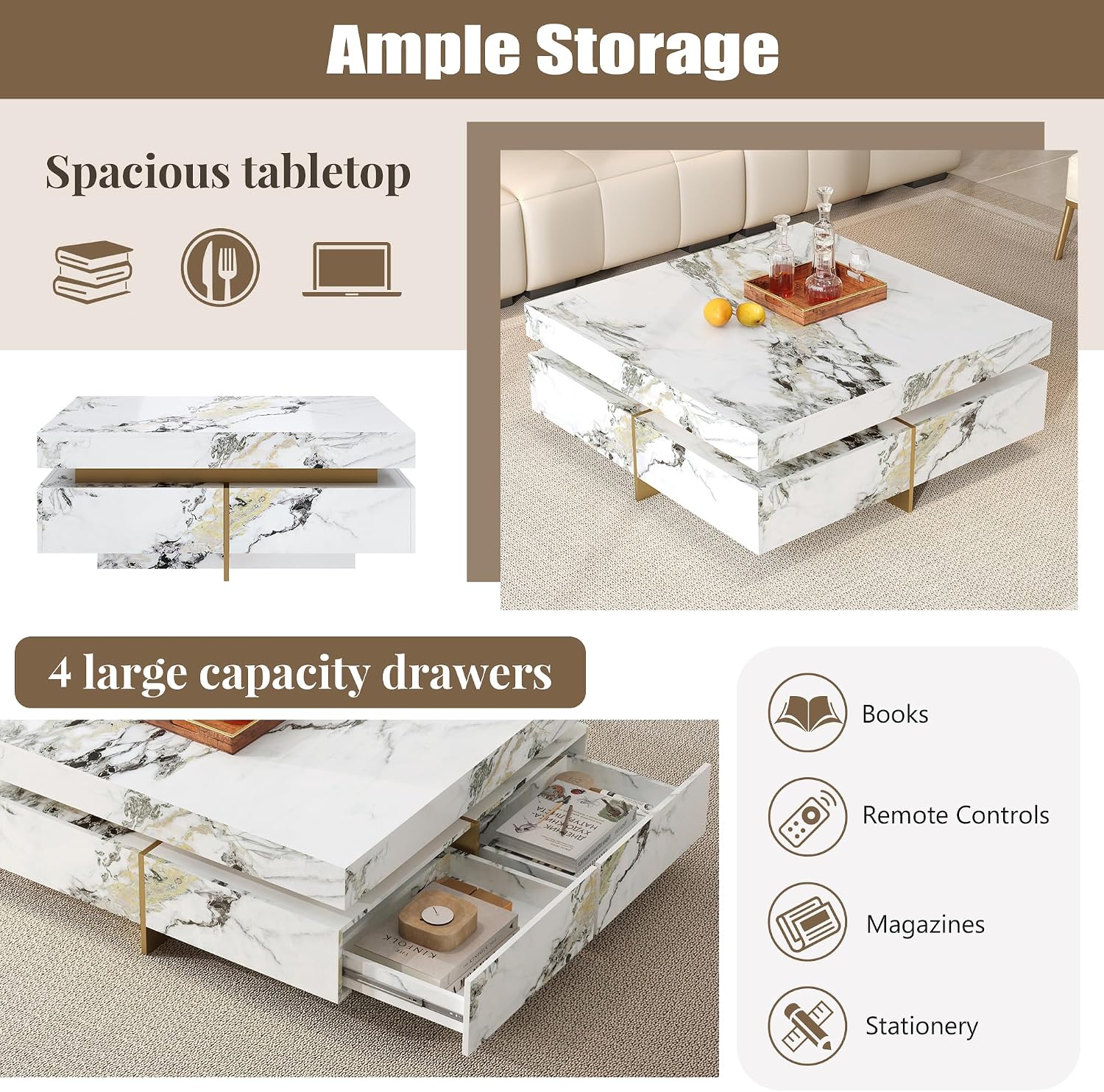 Merax 43.3 Inch Modern Large Square Coffee Table with Marble Textured Top, 4 Built-in Drawers Ample Storage and Floating Suspended Base, Modern Elegance White MDF Storage Center Table for Living Room