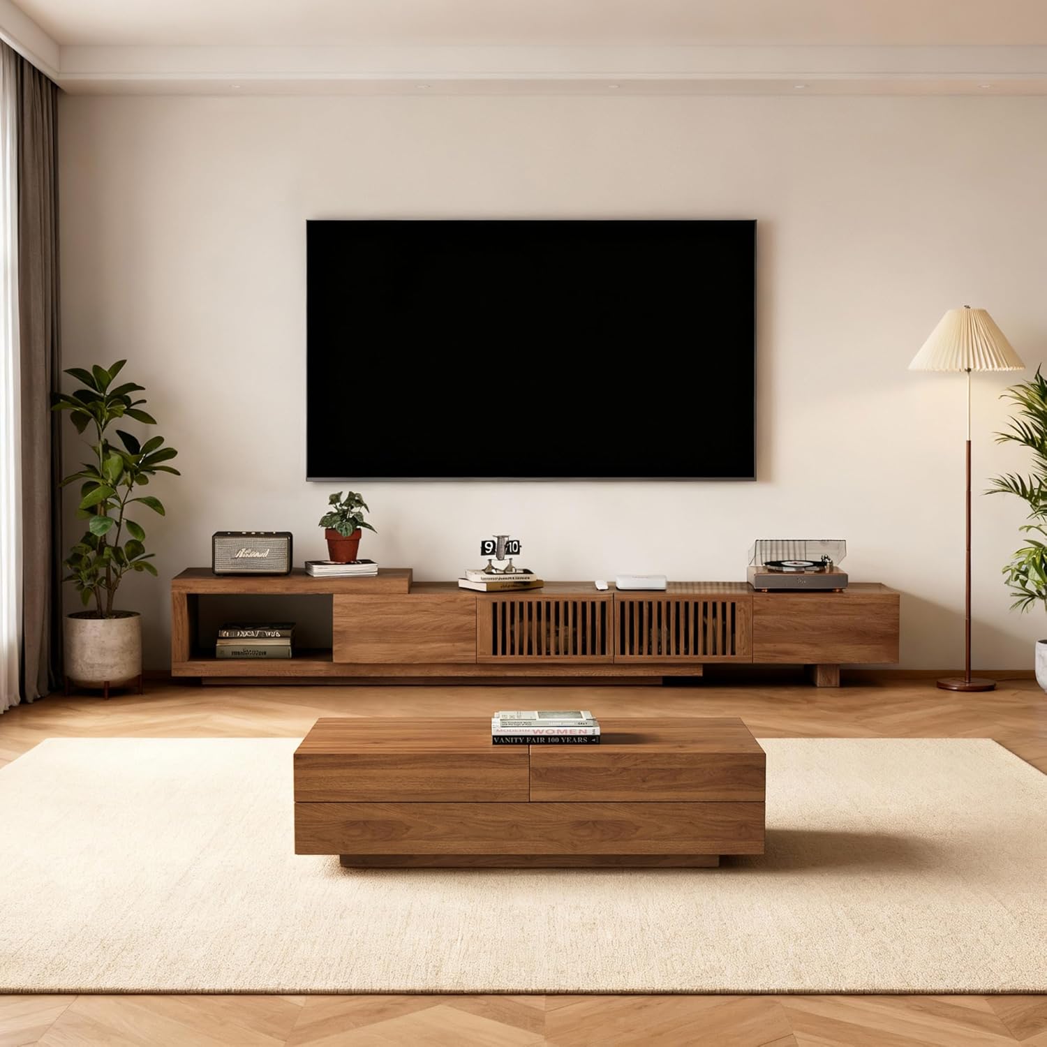 Mid-Century Modern Farmhouse 47.2-81.8' Expandable Coffee Table，Adjustable Center Table with Large Storage for Living Room, Walnut