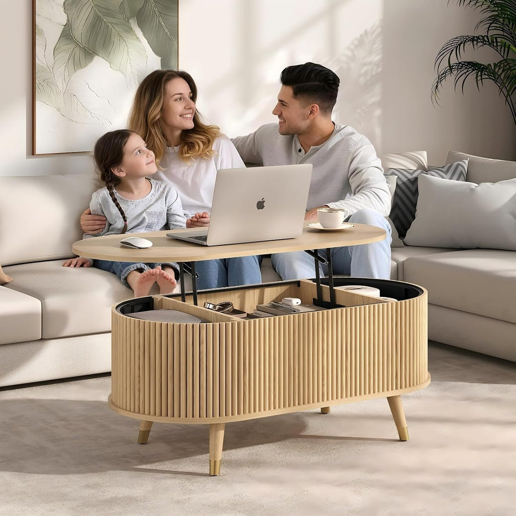 Oval Lift Top Coffee Table with Storage, 42.5' Fluted Coffee Table with Lifting Top & Solid Wood Legs, Mid Century Modern Center Table for Living Room, Home Office, Oak