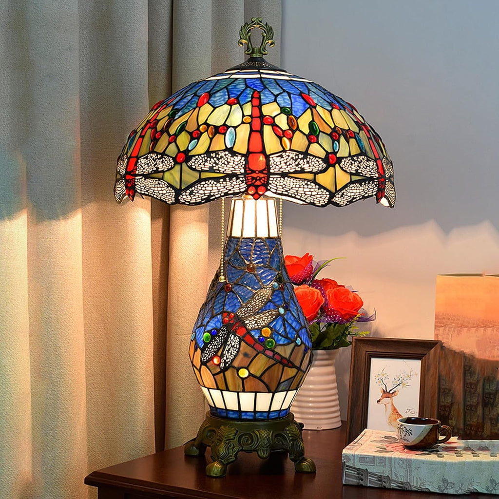 W16H9 Inch Tiffany Lamp Shade Replacement, Stained glass Dragonfly style Lampshades, Only Handmade Retro lampshade Replacement for Table Lamp Pendant Light Floor Lamp Ceiling Fixture,Blue