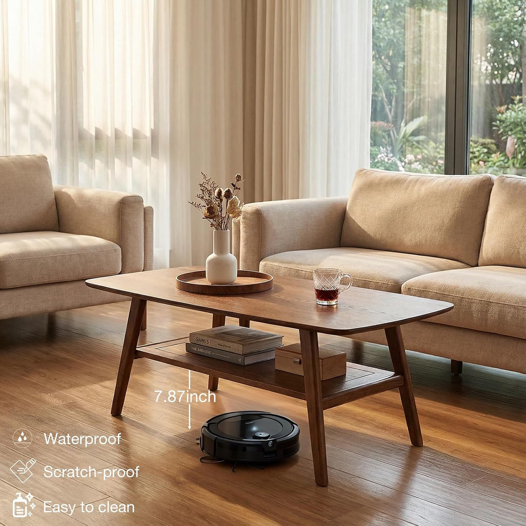 Mid Century Modern Coffee Table: 100% Solid Wood Coffee Table - 2-Tier Storage Design - Practical Coffee Tables for Living Room, Apartment, Easy Assembly (Walnut, 39.37')