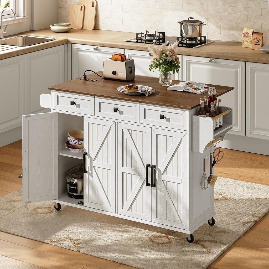 RALGEND Kitchen Island with Drop Leaf & Power Outlet, Rolling Kitchen Island Cart On Wheels, Barn Door Kitchen Island Table with Storage and Tower Rack, Island Table for Kitchen, White and Walnut