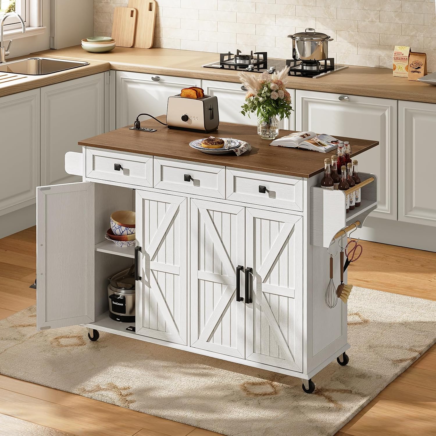 RALGEND Kitchen Island with Drop Leaf & Power Outlet, Rolling Kitchen Island Cart On Wheels, Barn Door Kitchen Island Table with Storage and Tower Rack, Island Table for Kitchen, White and Walnut