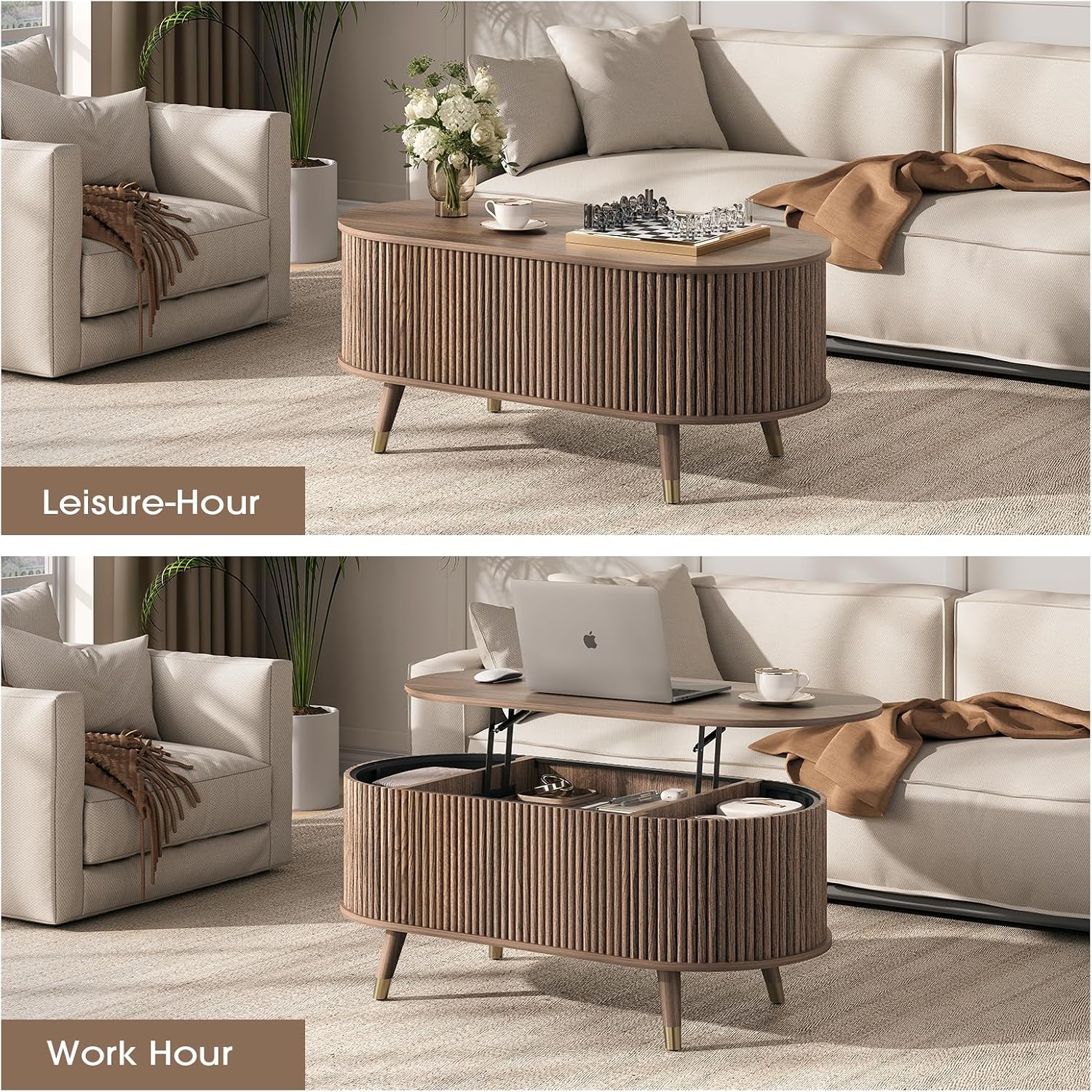 Oval Coffee Table with Storage, 42.5' Fluted Coffee Table with Lifting Top & Solid Wood Legs, Modern Lift Up Center Table for Living Room, Home Office, Walnut