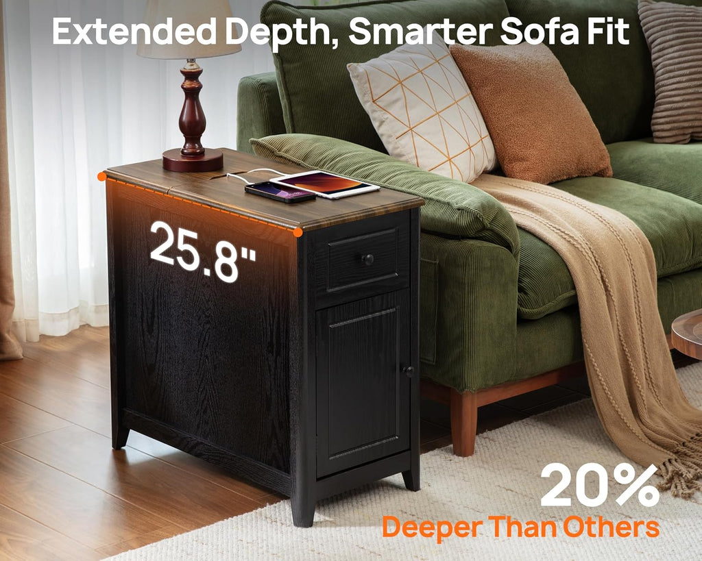 Farmhouse End Table with Charging Station, USB-C, Narrow Side Table with Storage Cabinet and Deep Drawer, Small Nightstand with Hidden USB Ports and Outlets for Living Room, Bedroom, Office,Black
