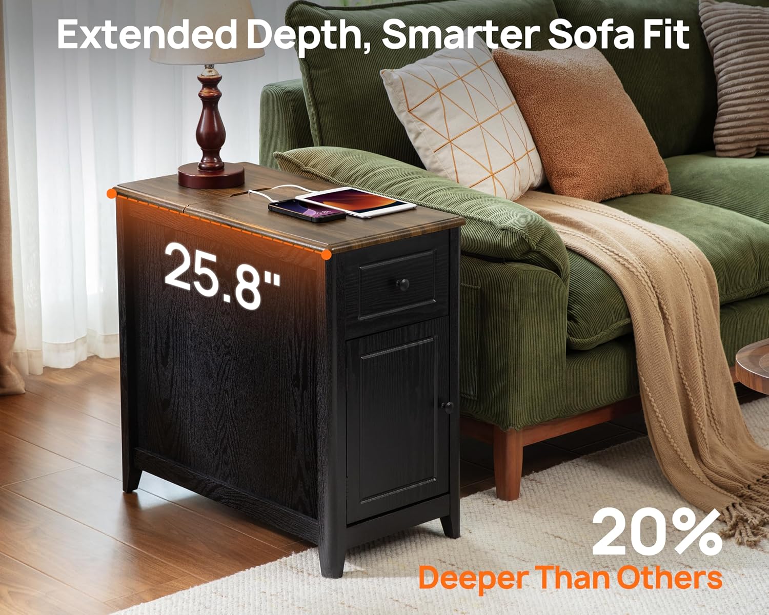 Farmhouse End Table with Charging Station, USB-C, Narrow Side Table with Storage Cabinet and Deep Drawer, Small Nightstand with Hidden USB Ports and Outlets for Living Room, Bedroom, Office,Black