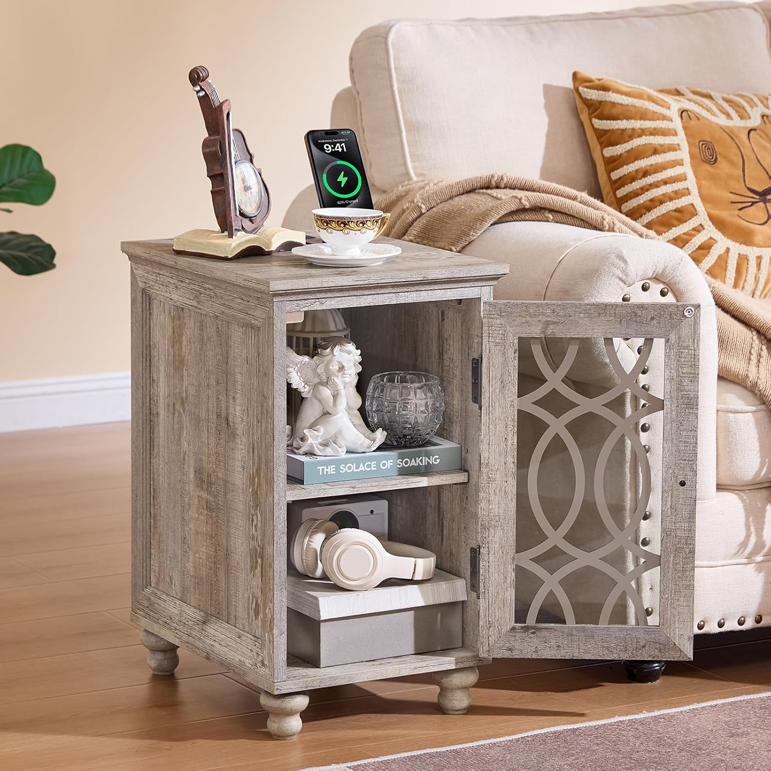 Joaxswe Narrow Side Table with Charging Station Set of 2, Night Stand with Glass Door,Bedside End Tables with Adjustable Shelf Storage Cabinet,Wood Nightstand for Small Spaces Living Room Bedroom