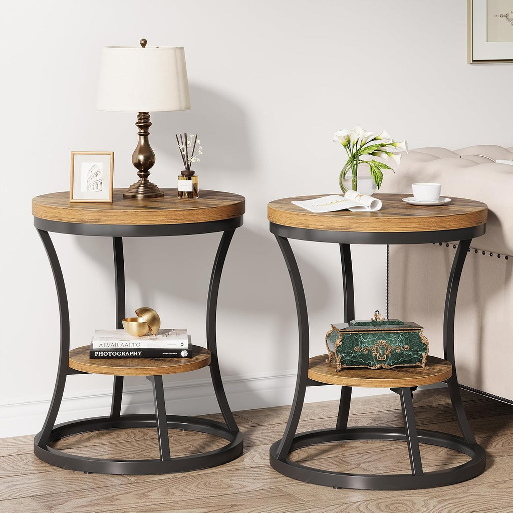 Round End Table Set of 2, 2 Tier Industrial Side Table, Accent Bedside Table Nightstand with Metal Frame for Living Room, Bedroom, Small Spaces, Easy Assembly, Rustic Brown & Black