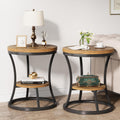 Round End Table Set of 2, 2 Tier Industrial Side Table, Accent Bedside Table Nightstand with Metal Frame for Living Room, Bedroom, Small Spaces, Easy Assembly, Rustic Brown & Black