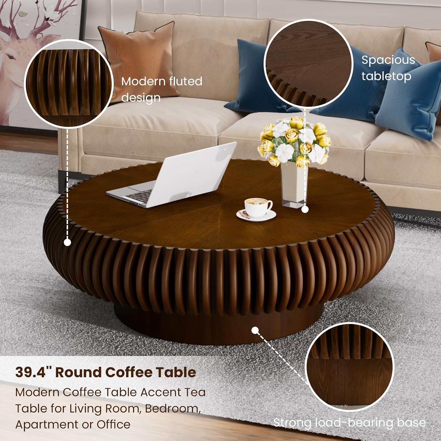 Round Drum Coffee Table for Living Room, Mid Century Modern Coffee Table with Sturdy Pedestal, Farmhouse Fluted Circle Center Table Accent Tea Table for Apartment (Large Walnut)