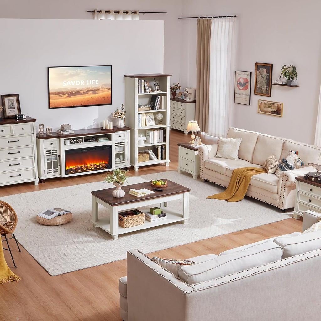 SAVOR LIFE Farmhouse Coffee Tables for Living Room,Square Tea Table with Open Storage Shelf,Large Coffee Table,Rustic Wooden Center Table,White