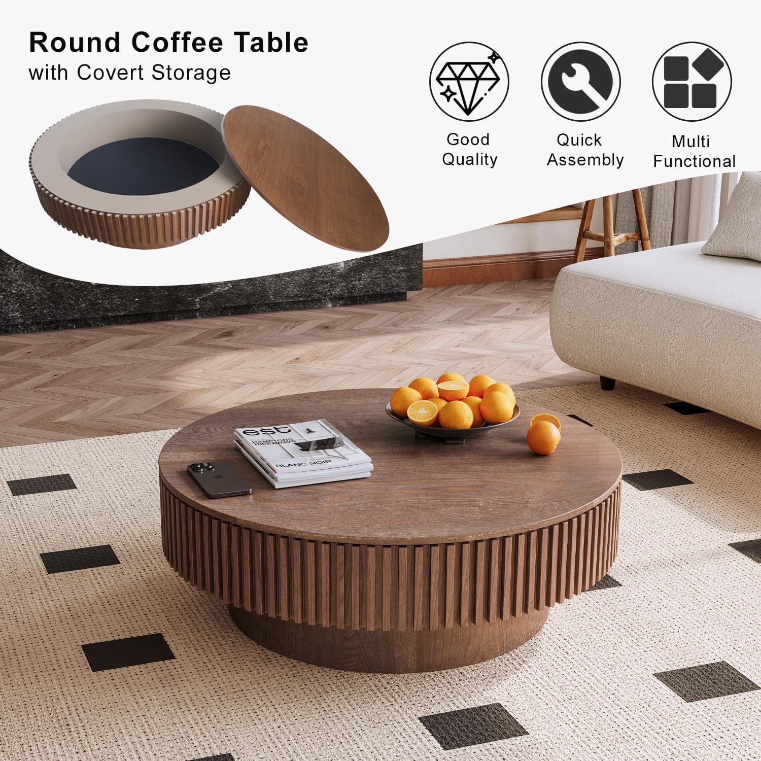 39'' Round Coffee Table with Storage, Modern Wooden Coffee Table with Solid Wood Veneered, Circle Center Table Accent Tea Table for Living Room Apartment Walnut