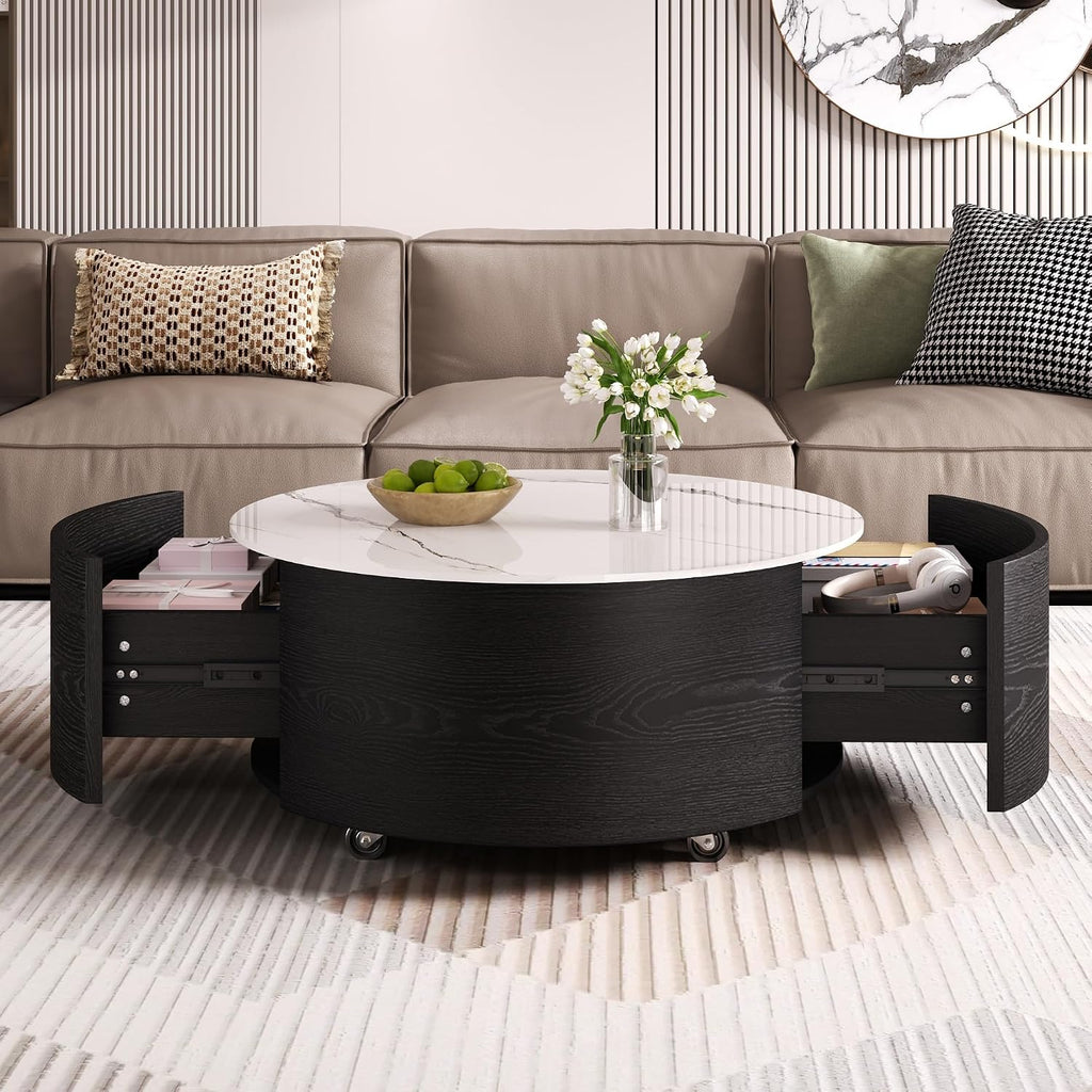 Merax 29.5' Round Coffee Table for Living Room, Movable Accent Table with Casters and 2 Storage Drawers, Marble Pattern Sintered Stone Top, Black and White