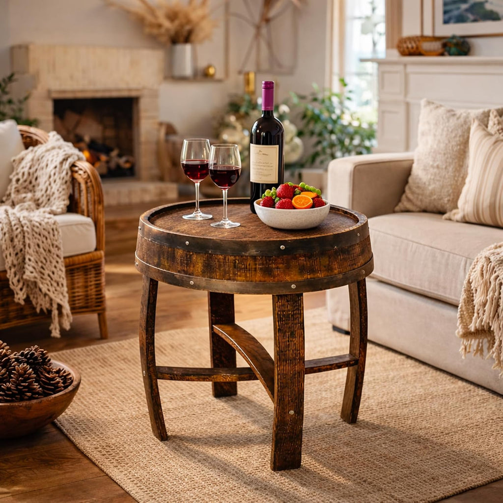 Whiskey Barrel Table, Handcrafted Wooden Wine Barrel End Table for Living Room, Home Bar & Covered Patio, Bourbon Barrel Table for Airbnb, Entryway & Bar Décor (Brown)