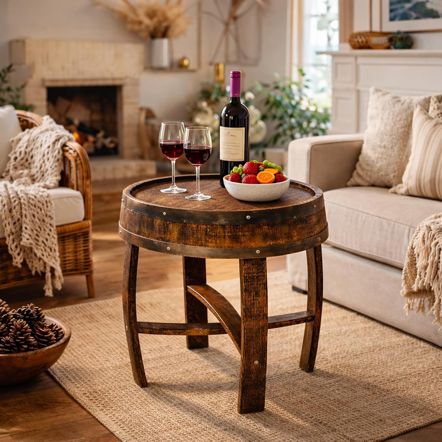 Whiskey Barrel Table, Handcrafted Wooden Wine Barrel End Table for Living Room, Home Bar & Covered Patio, Bourbon Barrel Table for Airbnb, Entryway & Bar Décor (Brown)