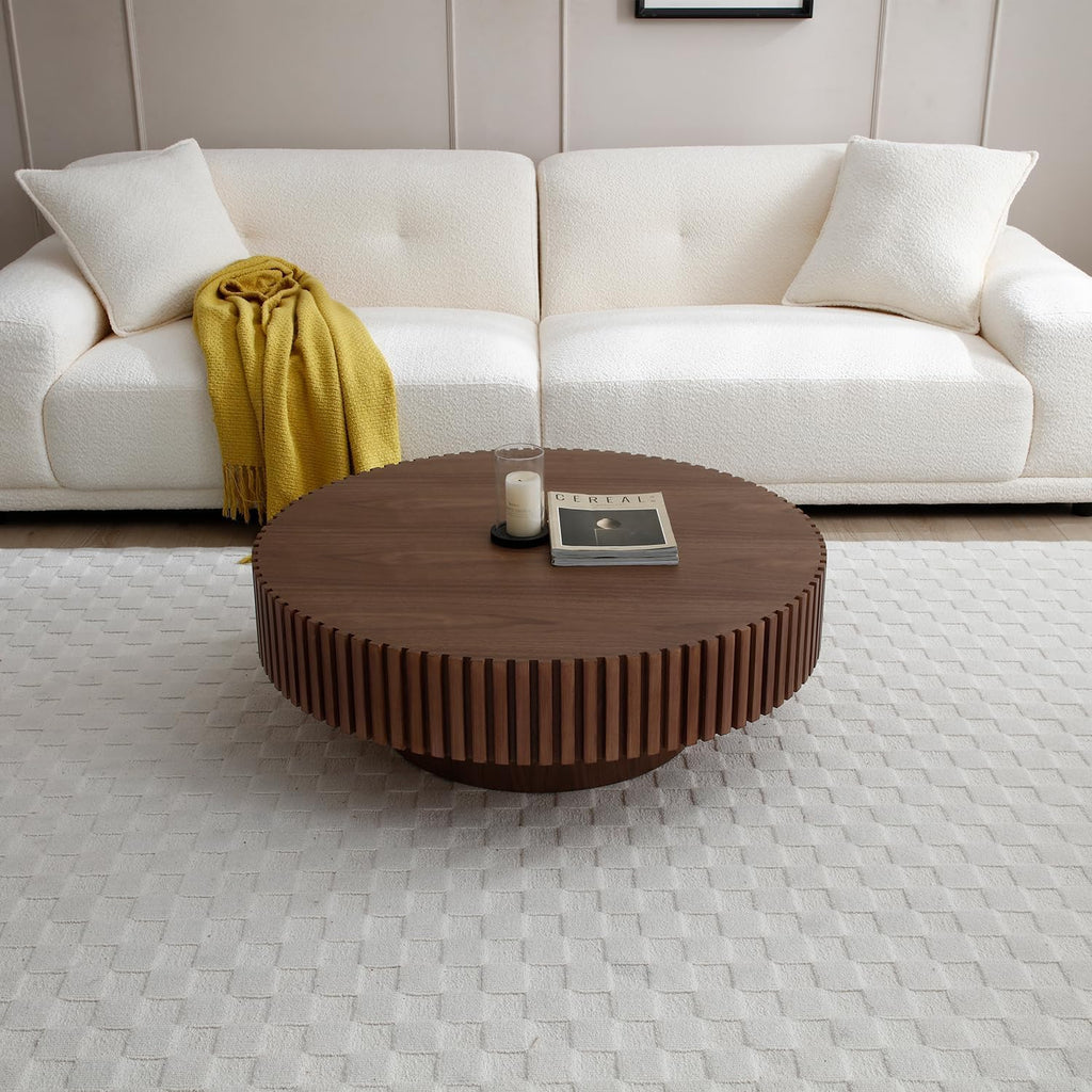 Walnut Round Coffee Table for Living Room Contemporary Circle Wood Coffee Table with Pedestal, Easy Assembly ø31.49'',