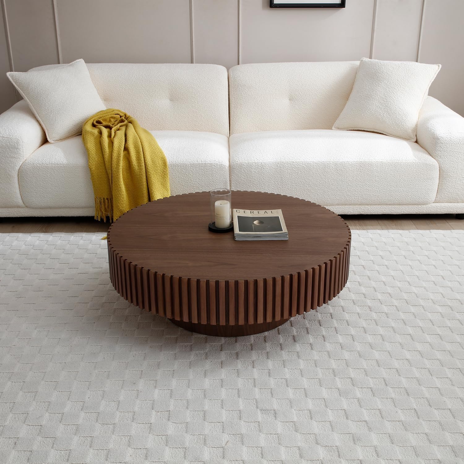 ø39.37'' Walnut Round Coffee Table Contemporary Wood Circle Coffee Table with Fluted Pedestal Centry Table for Living Room, Easy Assembly