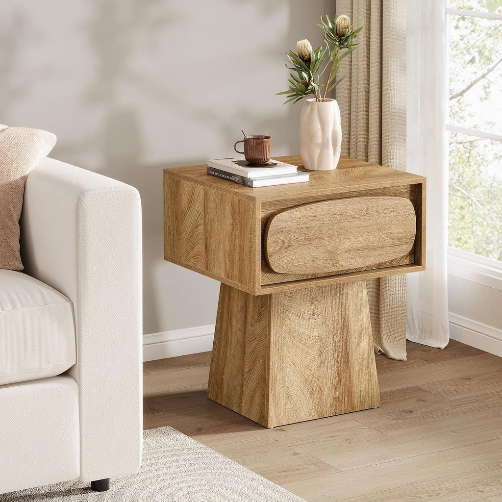 Tribesigns 2PCS End Table with Storage Drawer, Modern Wooden Side Table with Curved Handle, Small Nightstand for Living Room, Bedroom, Small Spaces (Natural Wood Color)