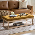 HULALA HOME Rectangle Ottoman Coffee Table with Tray, Tufted Living Room Ottoman with Solid Wood Storage Shelf, Golden