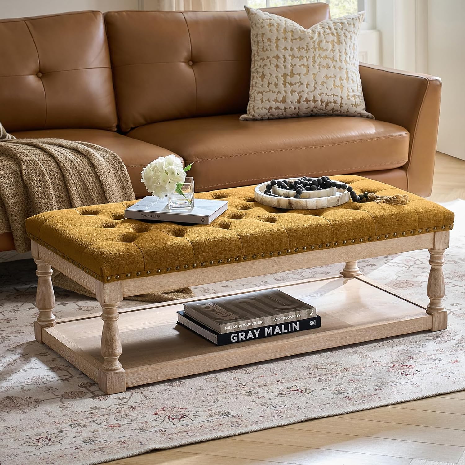 HULALA HOME Rectangle Ottoman Coffee Table with Tray, Tufted Living Room Ottoman with Solid Wood Storage Shelf, Golden