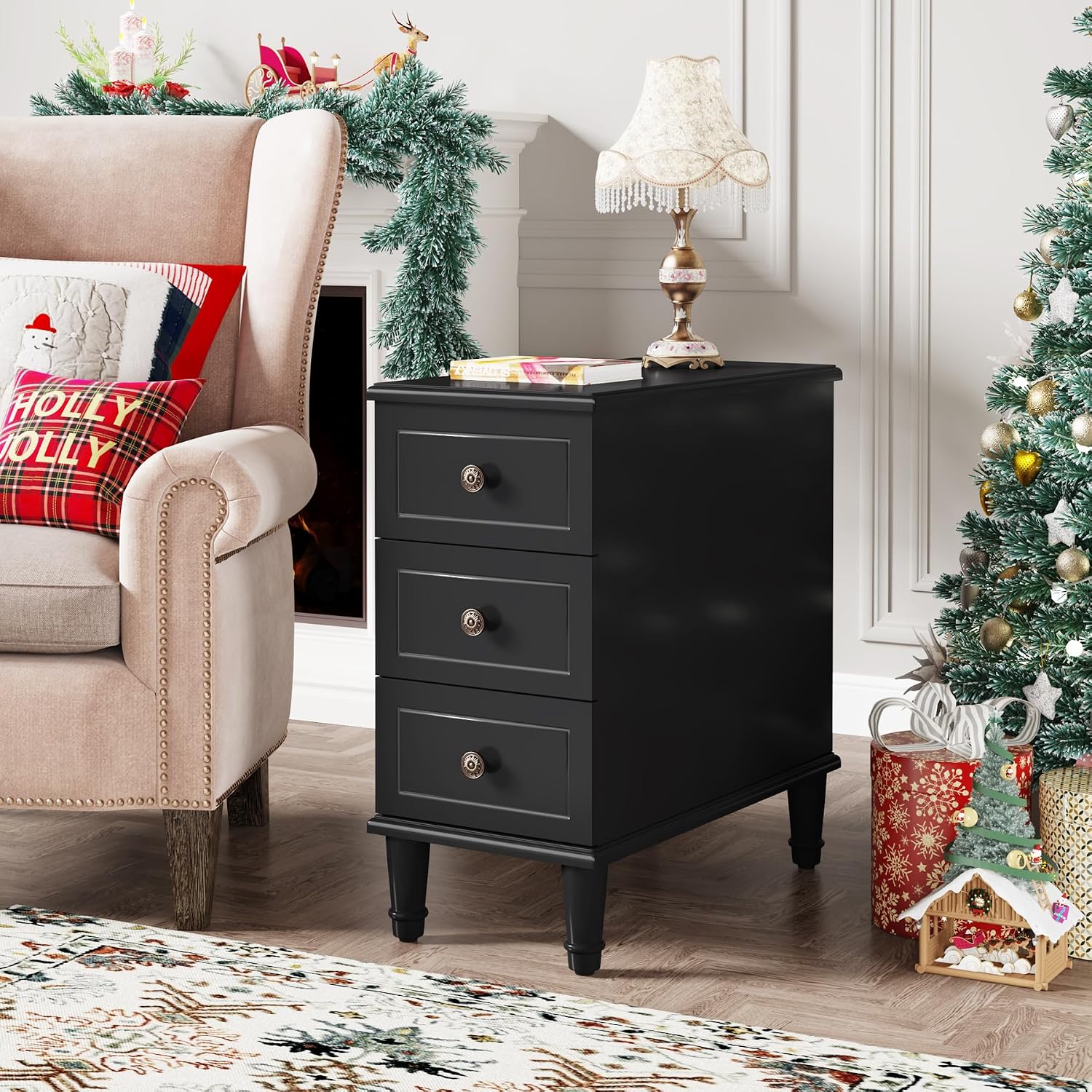 Tribesigns Solid Wood End Table Set of 2, Fully Assembled Narrow Side Table with Drawers, Pre-Assembled Nightstand Slim Bedside Table for Small Spaces, Living Room, Bedroom, Black
