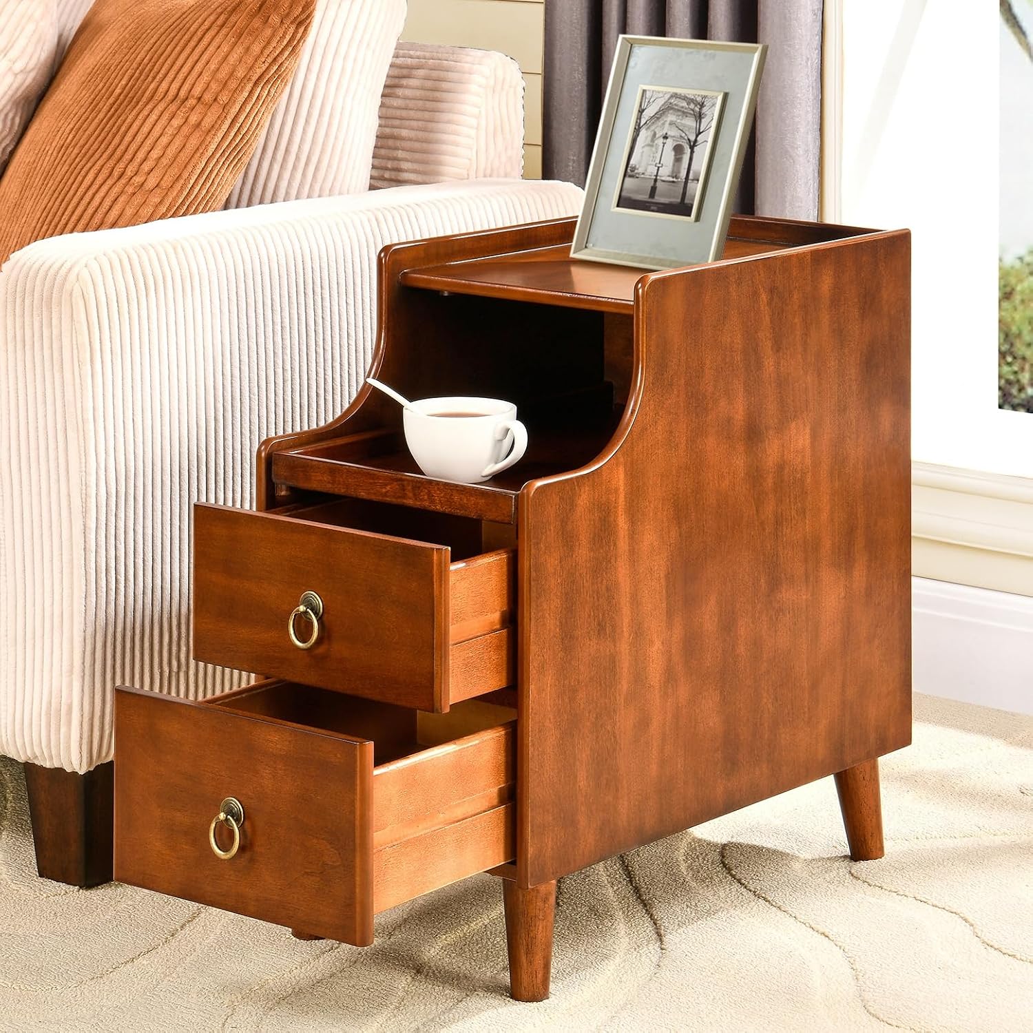 Storage Side End Table with 2 Drawers and Pull-Out Shelf, Small Sofa Side Table for Living Room, No-Tools Assembly, Solid Wood Narrow Beside Tables, 11.8'W x 21.6'L x 22.9'H, Brown, BG-A1359-MG