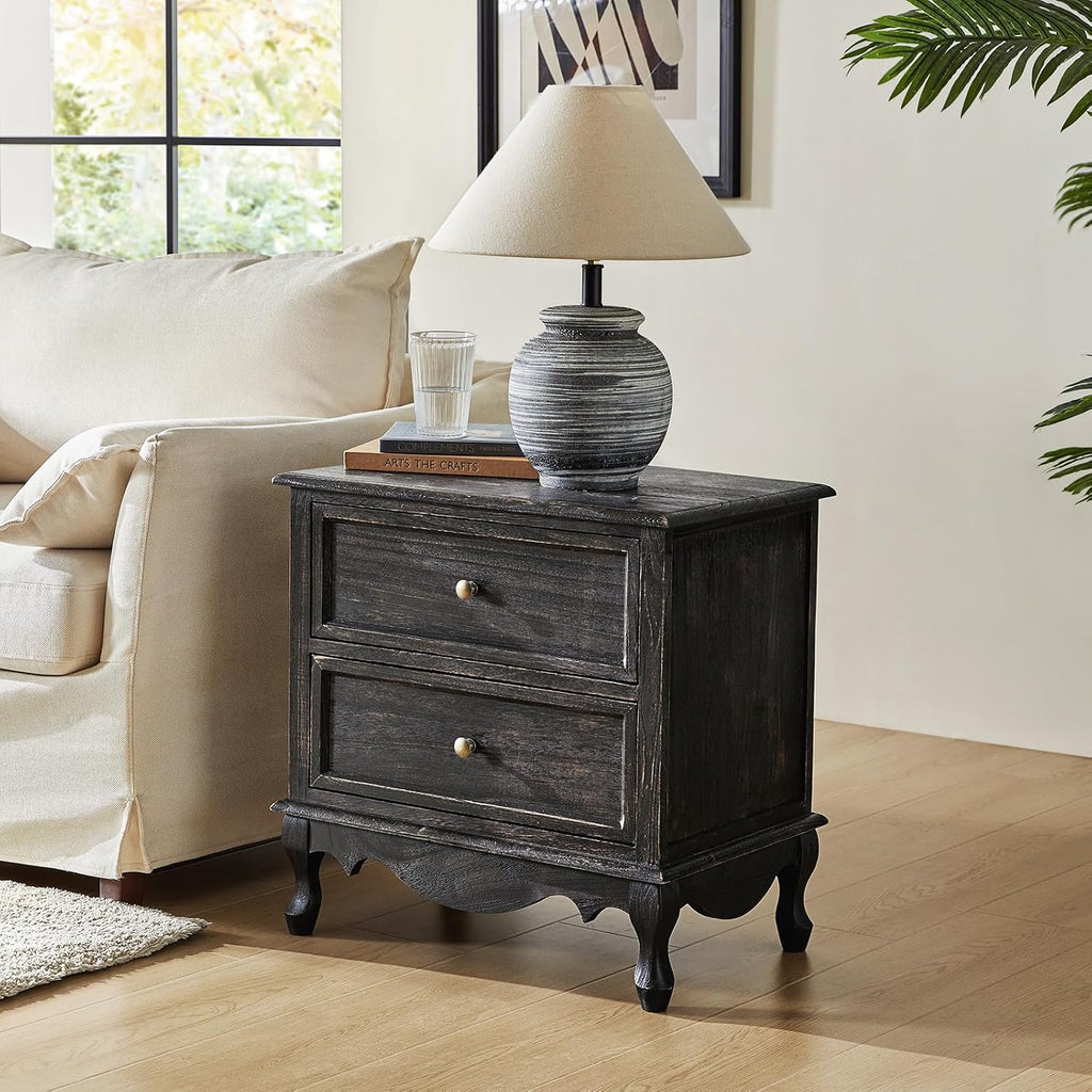 HULALA HOME Solid Wood End Table with Charging Station Space, Vintage Endtable with Wood Legs and 2 Drawers, French Side Table for Living Room, Charcoal