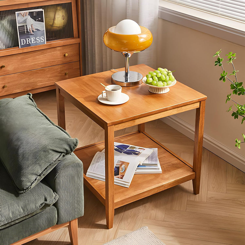 Side Table, Solid Wood Square End Table with Storage Shelf, 2-Tier Coffee Table for Living Room, Rubber Wood Small Sofa Table, Nightstand 23.62 H x 23.62 W x 23.62 D Inches (Natural)