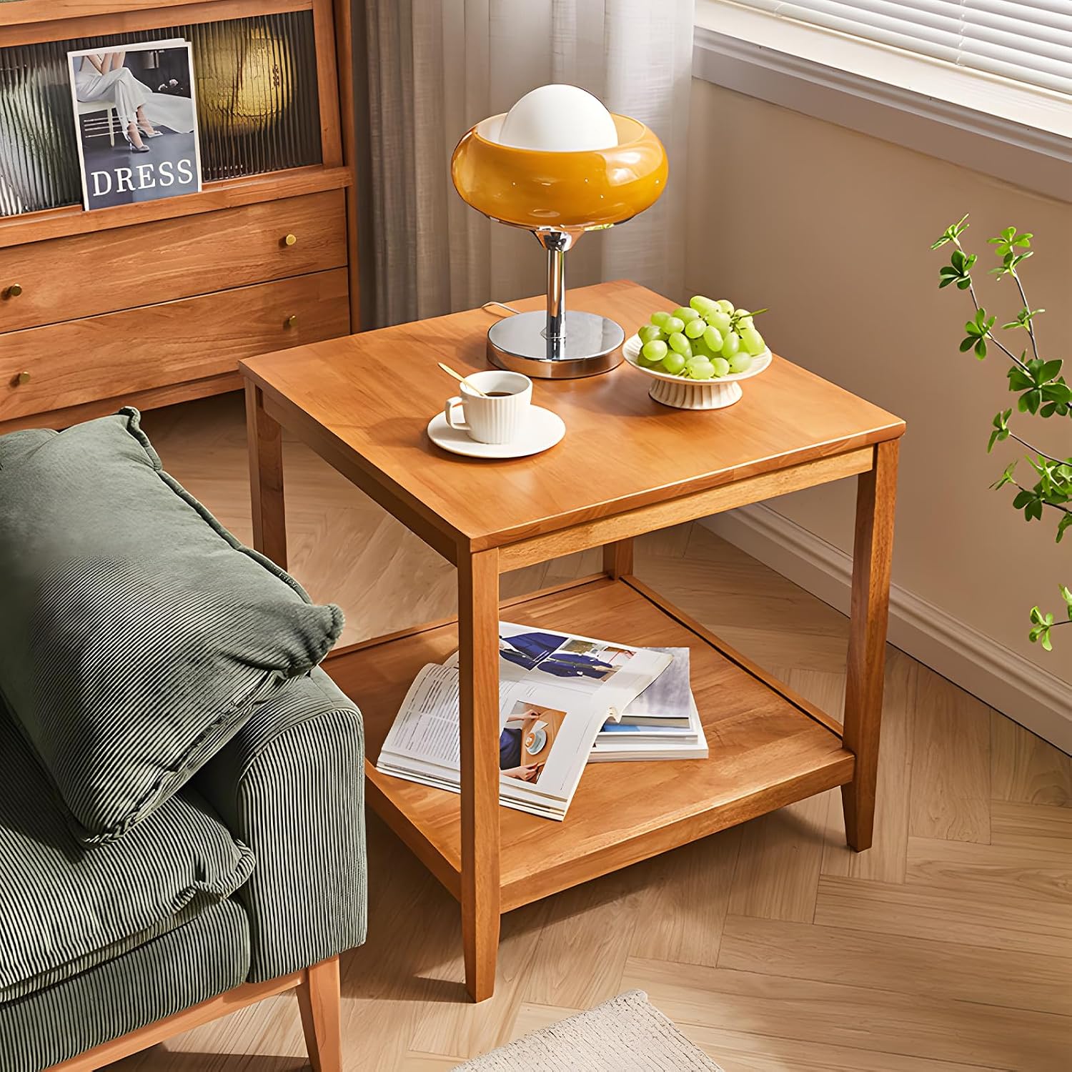 Side Table, Solid Wood Square End Table with Storage Shelf, 2-Tier Coffee Table for Living Room, Rubber Wood Small Sofa Table, Nightstand 23.62 H x 23.62 W x 23.62 D Inches (Natural)