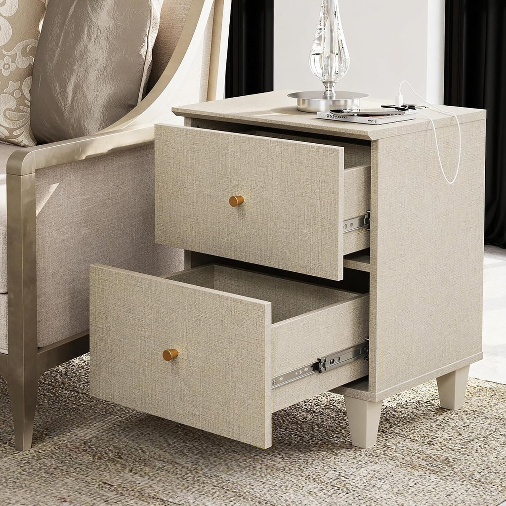 WAMPAT Set of 2 Nightstands with Charging Station&2 Drawers Storage, Modern End Tables Mid-Century Wood Bedside Tables with 2 AC Outlets & USB Ports for Living Room, Bedroom, Beige Faux Linen
