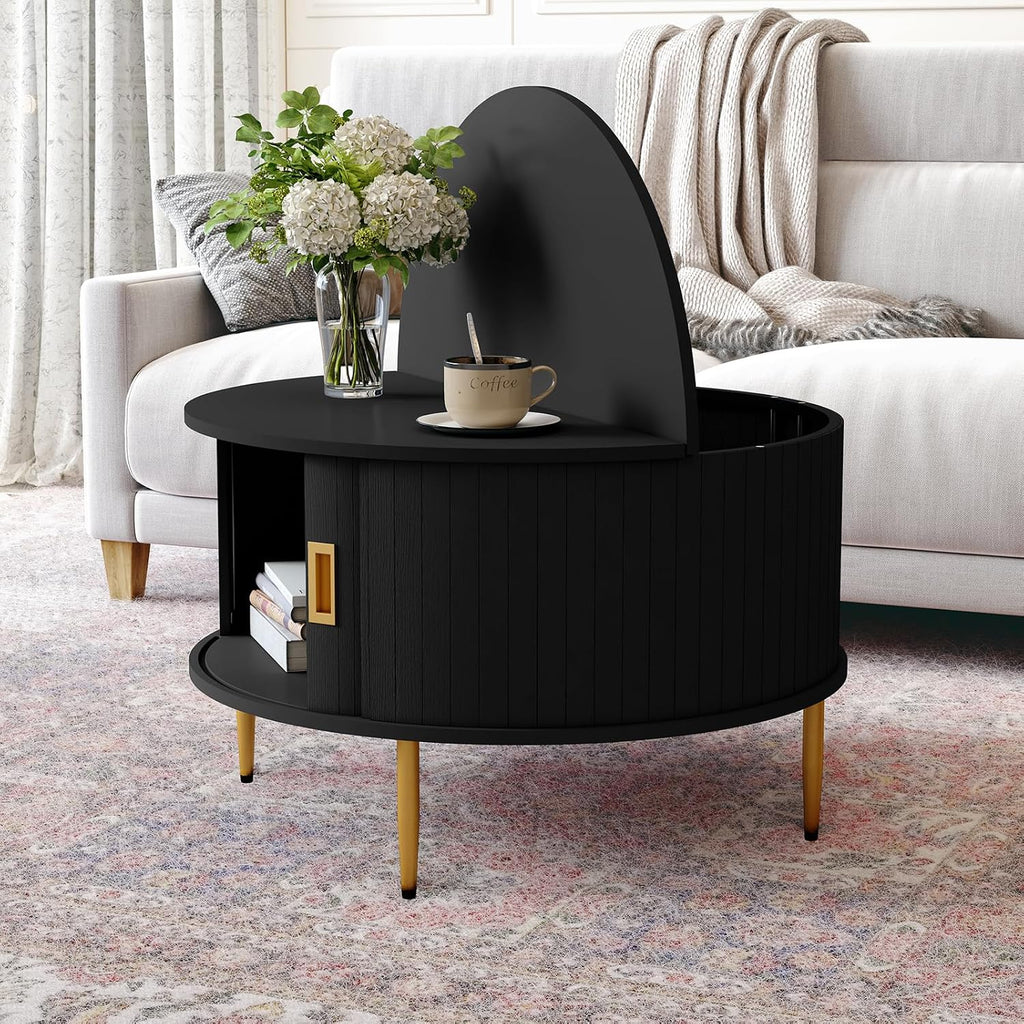 ARTPOWER 31.7' Round Coffee Table with Tambour Door, Mid Century Center Table for Living Room, Small Wood Fluted Circle Coffee Table with Storage, Black